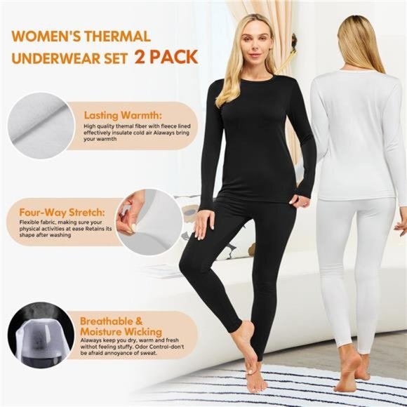2 Pack Thermal Underwear for Women Ultra Soft Fleece Lined Long Johns Base Layer - Picture 2 of 6